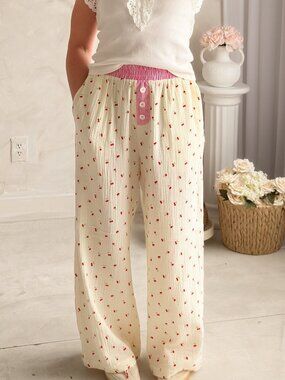 Women’s Cherry Print Cotton Gauze Pants – Butter Yellow Wide Leg